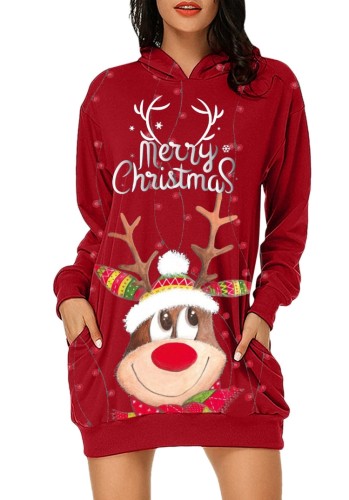 Vestido de Navidad con capucha y estampado de Santa Carvinal rojo de invierno