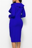 Winter Blue Formal V-Neck Ruffles Wrap Long Sleeve Midi Dress