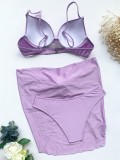 Purple Three Piece Push Up Strap Cover Up Swimwear