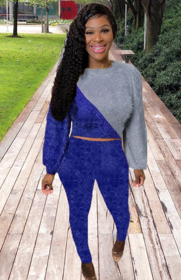 Winter Grey and Blue Contrast Fleeve Top and Pants Two Piece Set