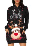 Winter Black Santa Carvinal Print Hoodies Christmas Dress
