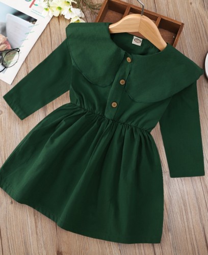 Çocuklar Kız Sonbahar Yeşil Uzun Kollu Mürettebat Boyun Patenci Elbise
