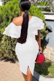 Winter White Puff Sleeve One Shoulder Floral Long Bodycon Dress