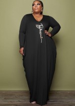 Autumn Black Print O-Neck Loose Plus Size Maxi Dress