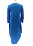 Autumn Dark Blue Print O-Neck Loose Plus Size Maxi Dress