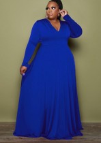 Vestido largo de manga larga con cuello en V azul de otoño y talla grande