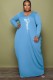 Autumn Sky Blue Print O-Neck Loose Plus Size Maxi Dress