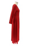 Autumn Red V-Neck Long Sleeves Plus Size Maxi Dress