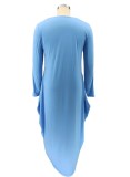 Autumn Sky Blue Print O-Neck Loose Plus Size Maxi Dress