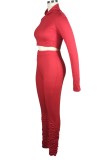 Autumn Red Turtleneck Crop Top and Stacked Legging Two Piece Set
