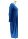Autumn Dark Blue Print O-Neck Loose Plus Size Maxi Dress
