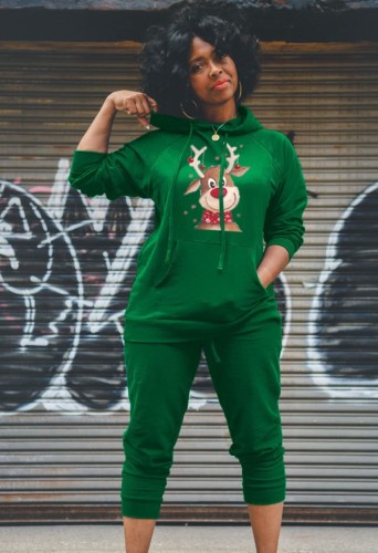 Зимний зеленый Рождественский спортивный костюм из двух частей с капюшоном и принтом лося