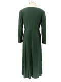 Autumn Green V-Neck Long Sleeves Plus Size Maxi Dress