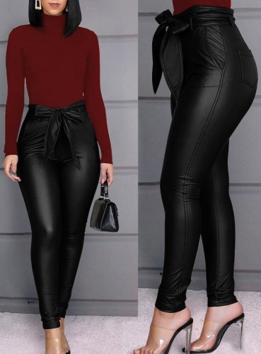 Pantalones ajustados de cintura alta de cuero negro de invierno