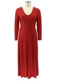 Autumn Red V-Neck Long Sleeves Plus Size Maxi Dress