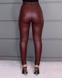 Winter Burgunry Leather High Waist Tight Trousers