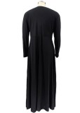 Autumn Black V-Neck Long Sleeves Plus Size Maxi Dress