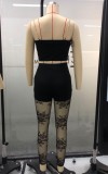 Fall Sexy Black Chains Straps Vest And Lace Shorts Two Piece Set