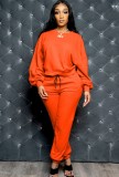 Winter Casual Orange Round Neck Long Slevee And Jogger Pant Two Piece Set