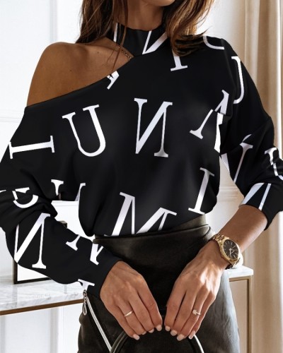 Winter Casual Black Letter Print Cut Out Neck Long Sleeve T-Shirt
