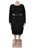 Winter Plus Size Casual Black Round Neck Long Sleeve Crop Top And Tassel Skirt Two Piece Set