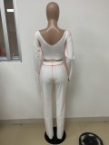 Fall Sexy White O Neck Irregual Long Sleeve Top And Pant Two Piece Set