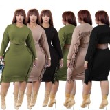 Winter Plus Size Casual Green Round Neck Long Sleeve Crop Top And Tassel Skirt Two Piece Set