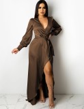 Fall Sexy Brown Satin Long Sleeve Slit Long Dress
