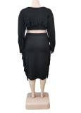 Winter Plus Size Casual Black Round Neck Long Sleeve Crop Top And Tassel Skirt Two Piece Set
