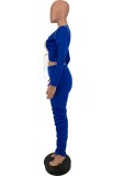 Fall Sexy Blue Contrast Bandage Hollow Out Long Sleeve Top And Pant Two Piece Set
