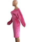 Winter Sexy Pink Velvet Off Shoulder Long Sleeve Midi Dress