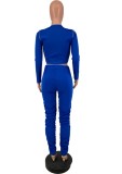 Fall Sexy Blue Contrast Bandage Hollow Out Long Sleeve Top And Pant Two Piece Set