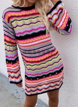 Vestido de suéter de manga larga con cuello redondo y tira multicolor de invierno