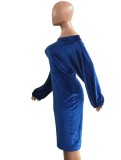 Winter Sexy Blue Velvet Off Shoulder Long Sleeve Midi Dress