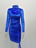 Winter Sexy Blue Velvet High Collar Long Sleeve Rope Pucker Club Dress