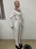 Fall Sexy White O Neck Irregual Long Sleeve Top And Pant Two Piece Set