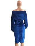 Winter Sexy Blue Velvet Off Shoulder Long Sleeve Midi Dress