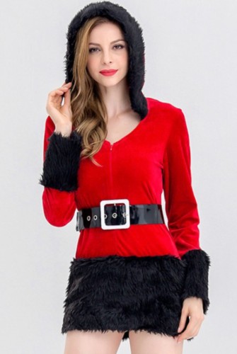 Kemerli Noel Fuzzy Trim Kapüşonlu Kostüm Elbise