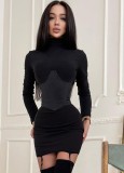 Winter Sexy Black High Neck Long Sleeve Slim Bodycon Dress
