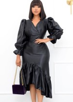 Fall Elegant Plus Size Black V-neck Puff Sleeve Ruffled Midi Dress