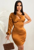 Fall Sexy Coffee Hollow Out One Shoulder Club Dress