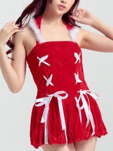 Christmas Fuzzy Trim Halter Costume NightClub Dress
