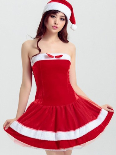 Şapkalı Noel Fuzzy Trim Tüp Kostüm Elbise