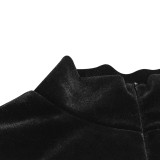 Fall Sexy Black Velvet Zipper Cutout Pocket Jumpsuit
