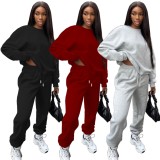 Winter Casual Gray Round Neck Loose Two Piece Sweatsuit