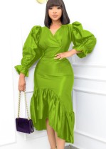 Herfst elegante plus size groene v-hals pofmouw gegolfde midi-jurk