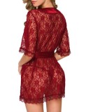 Sexy Red Lace With Satin Belt Night Dress And Panty Lingerie Set