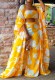 Fall Fashion Yellow Flower Print Tube Top And Long Rope And Lose Pant 3Pc Set