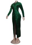 Winter Elegant Green Button Full Open Long Sleeve Long Dress