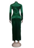 Winter Elegant Green Button Full Open Long Sleeve Long Dress